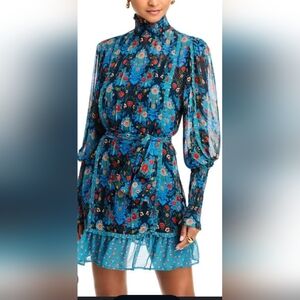 FARM Rio Vibrant Blue and Red Floral Long Sleeve Dress